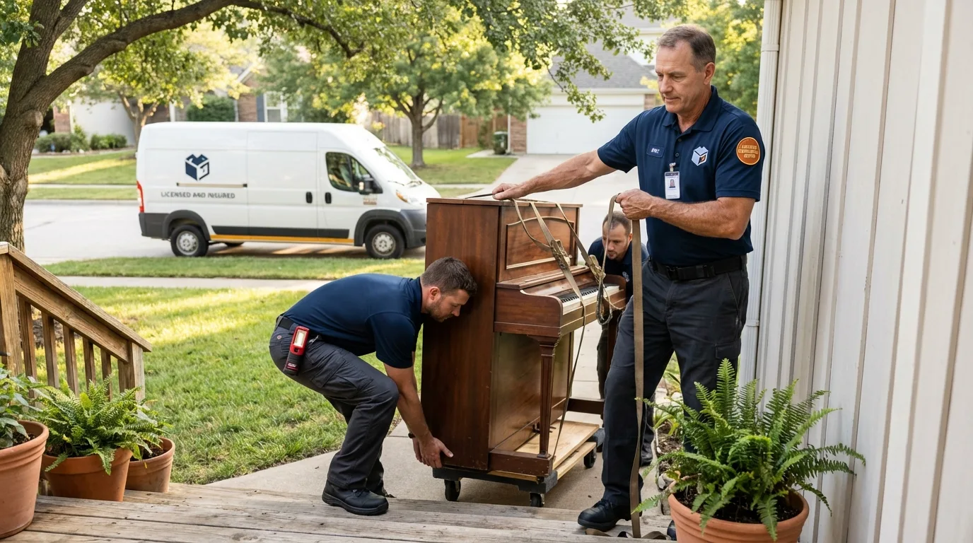 Licensed piano movers securing grand piano in Fair Oaks, CA