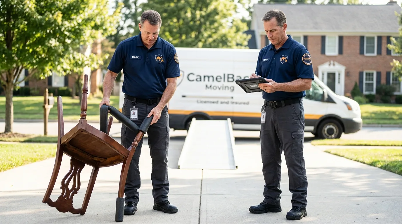 Movers inspecting furniture for damage prevention before loading in Fair Oaks, CA