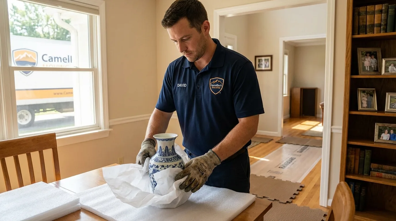 Professional crew carefully wrapping antique vase for senior downsizing move in Fair Oaks, CA